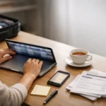 Traveler closes a laptop with many travel tabs to stop overthinking.