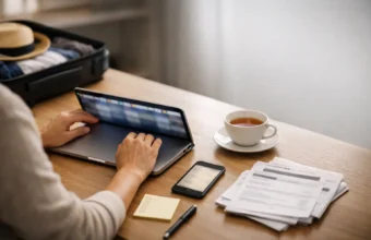 Traveler closes a laptop with many travel tabs to stop overthinking.