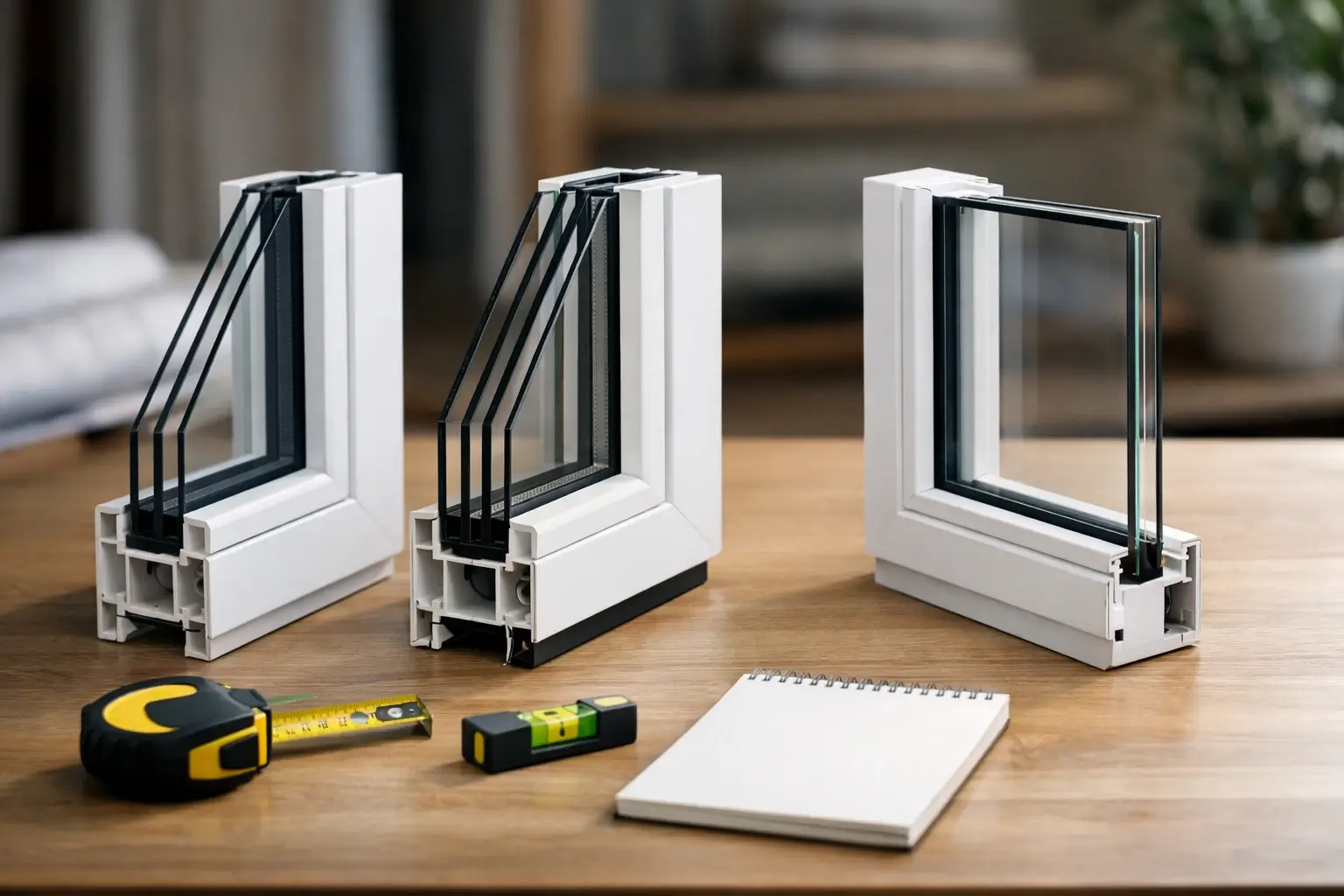 Double and triple glazing samples on a table