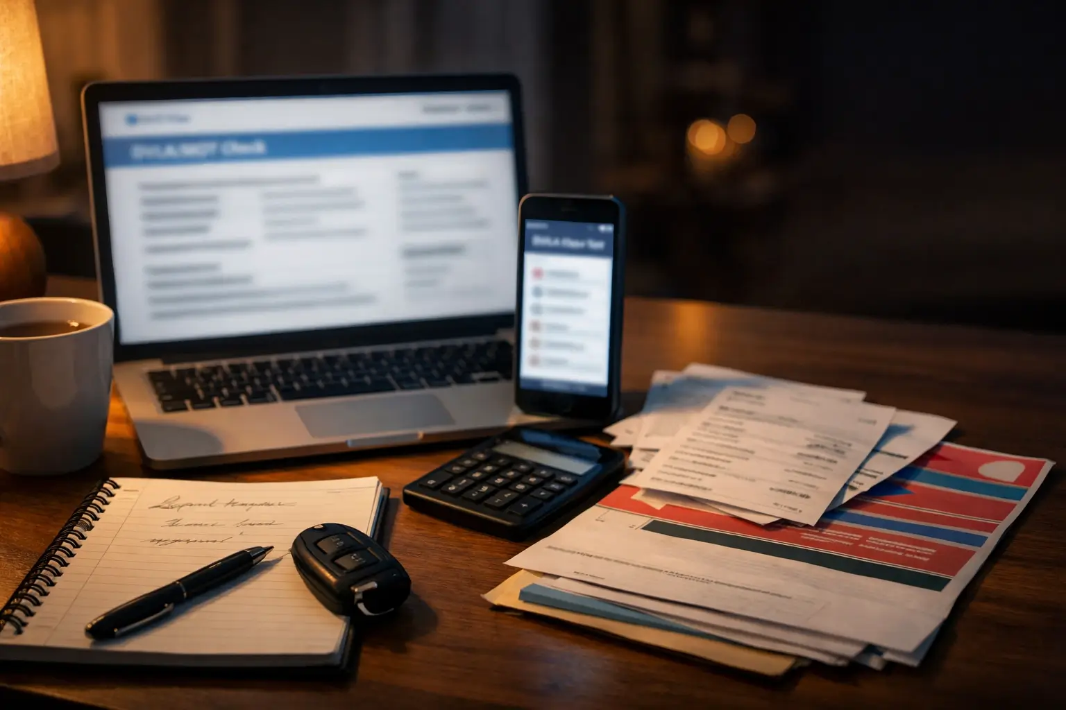 Laptop and phone show blurred DVLA and MOT checks on a desk