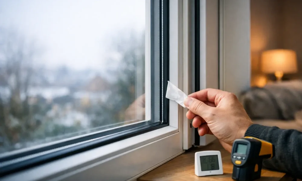 Homeowner checking a window seal for draughts
