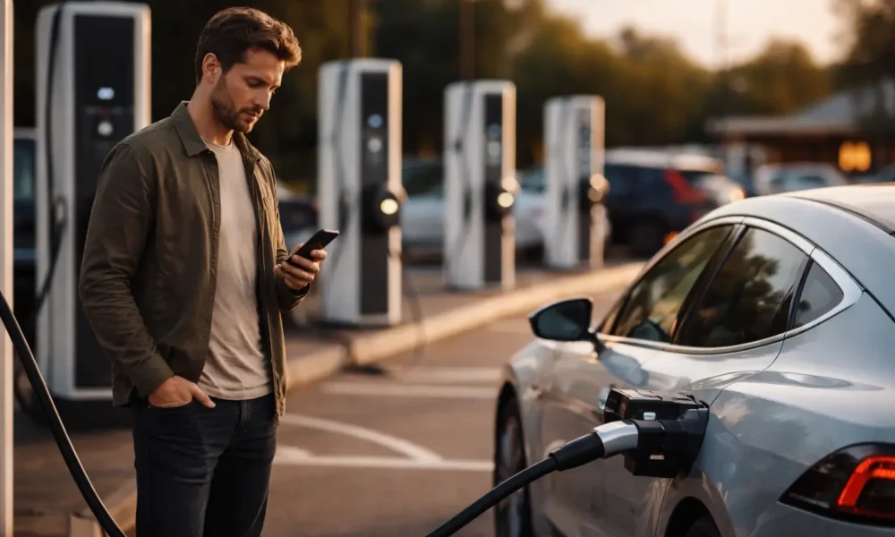 Electric car charging at a motorway hub with several stalls.