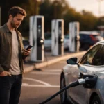 Electric car charging at a motorway hub with several stalls.