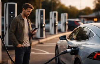 Electric car charging at a motorway hub with several stalls.