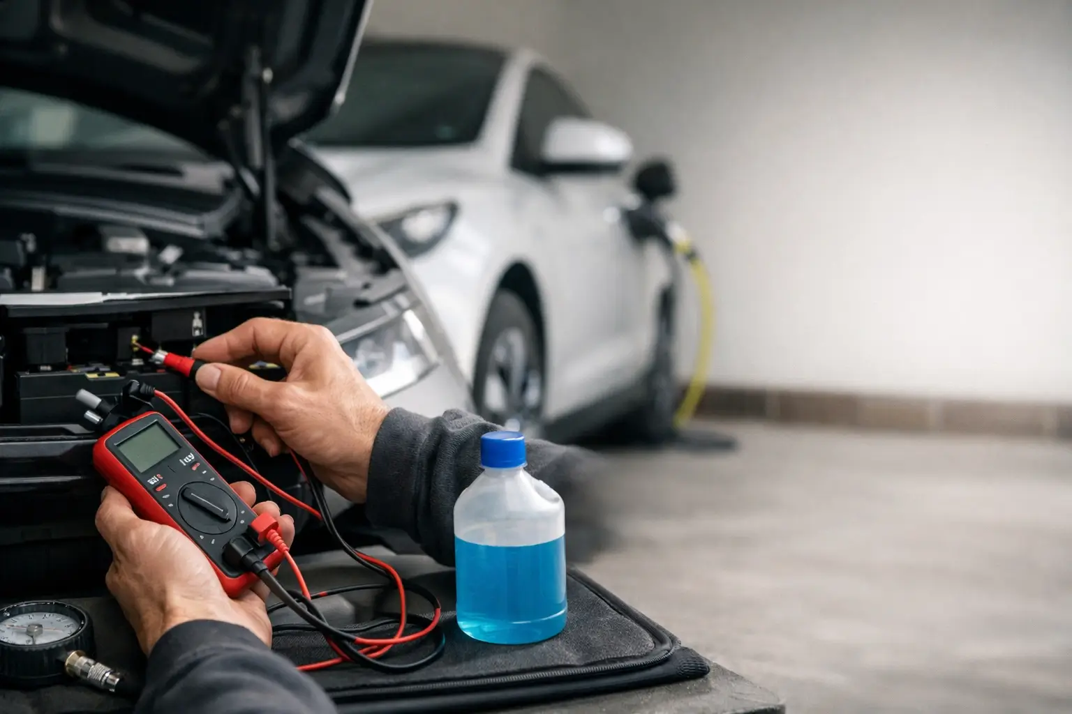 Person testing an EV 12V battery with a multimeter