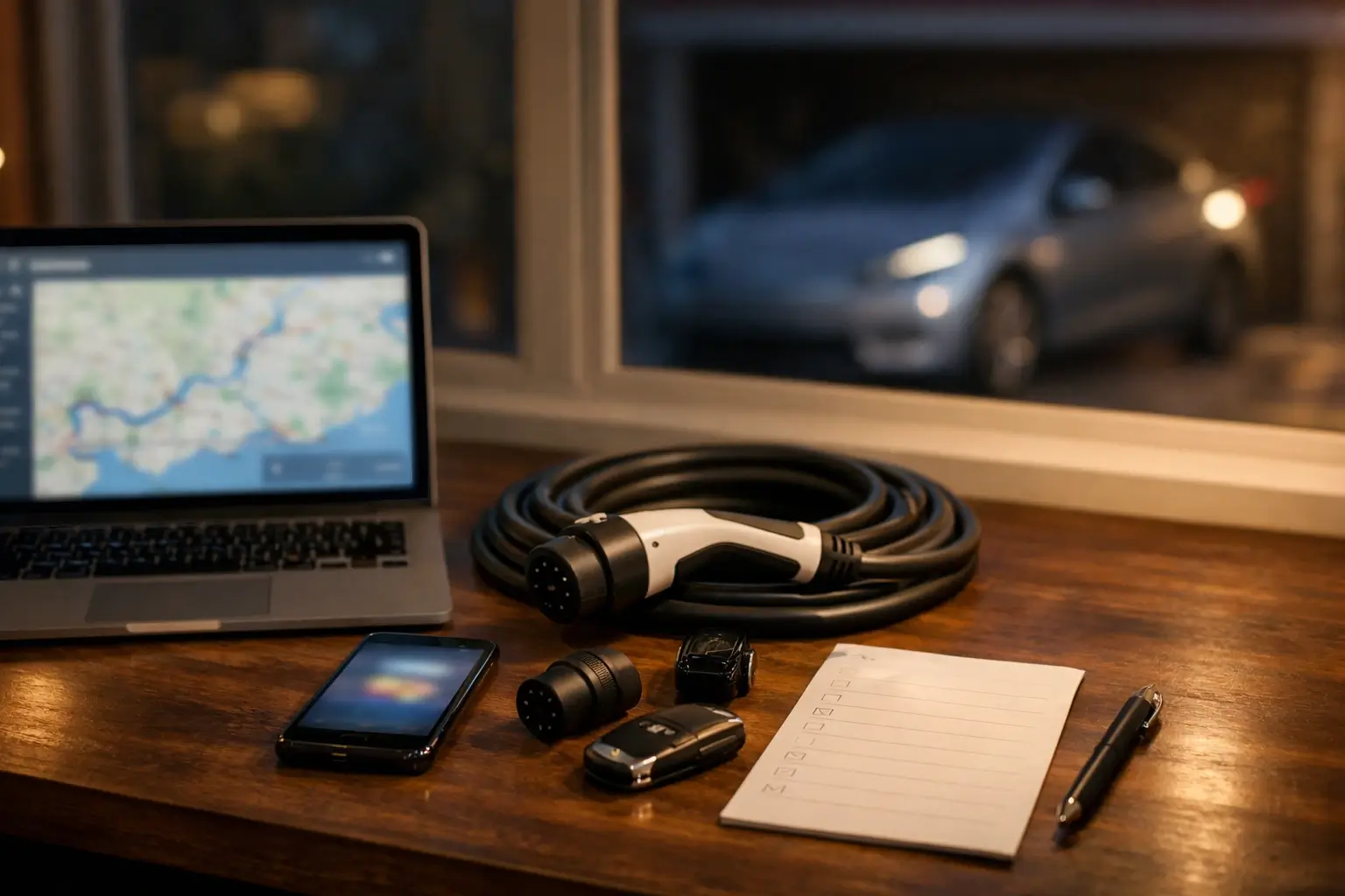 Laptop and phone used to plan EV charging stops before a trip.