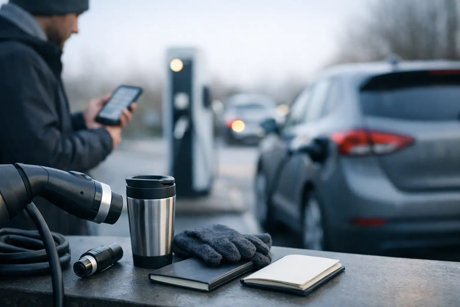 Electric car charging while the driver checks running costs on a phone.