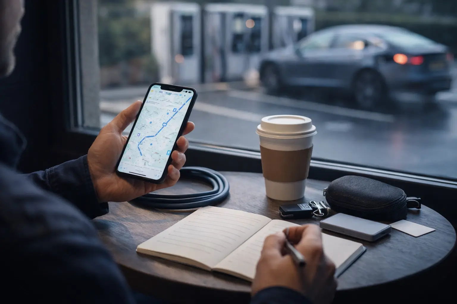 Driver planning an EV trip on a phone with charging stops