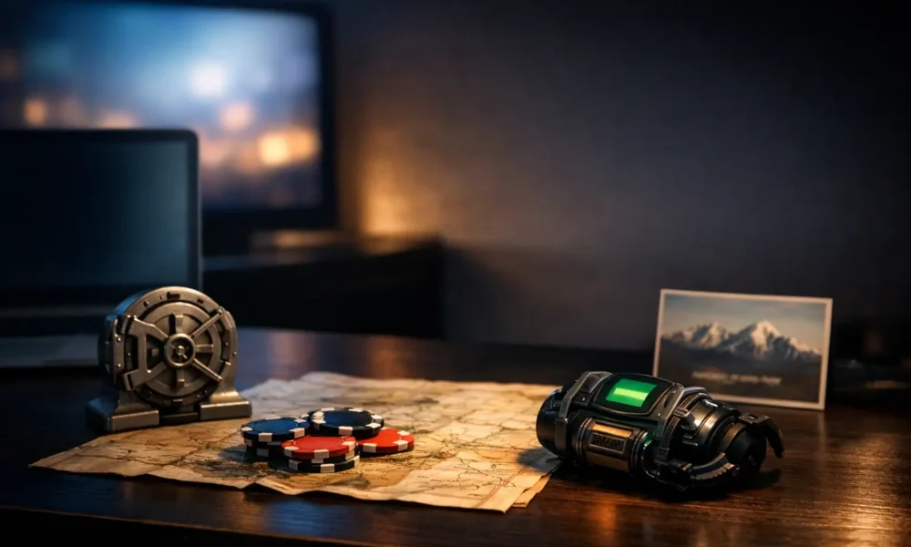 Desk scene showing Fallout Season 2 ending clues like New Vegas and a postcard.