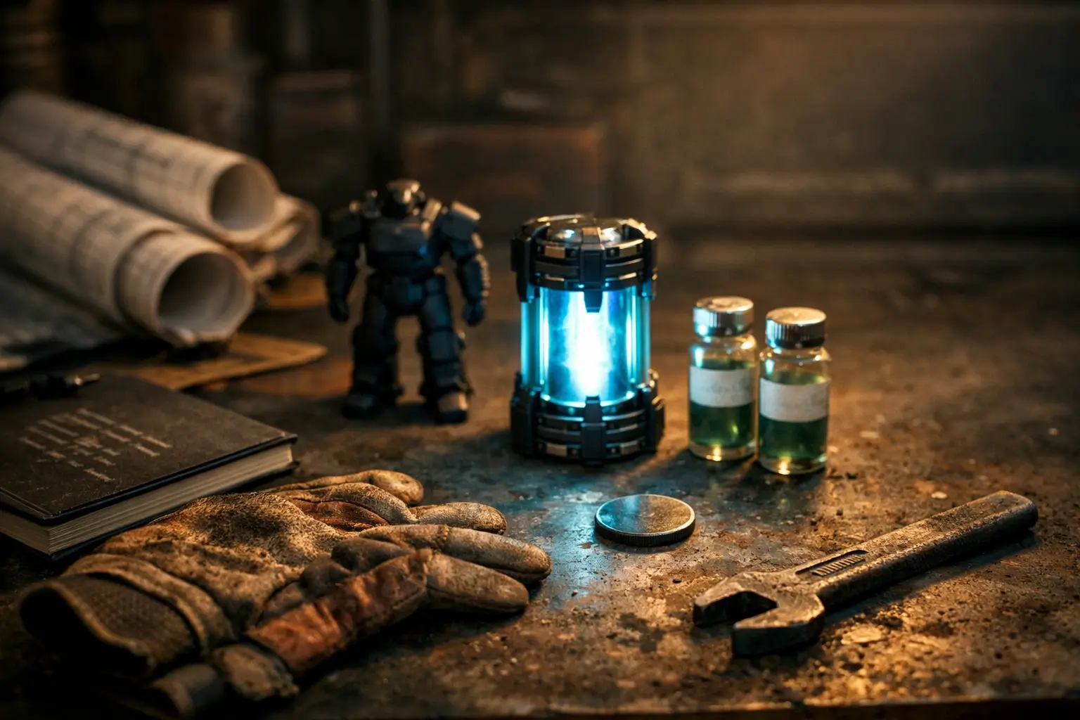 Blurred blueprints and a small robot prop hint at Liberty Prime Alpha.