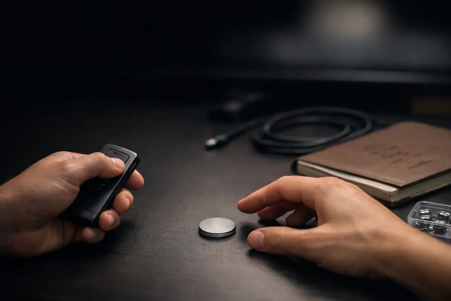Hands holding a small device and a coin-like disc to show control and memory wipe.