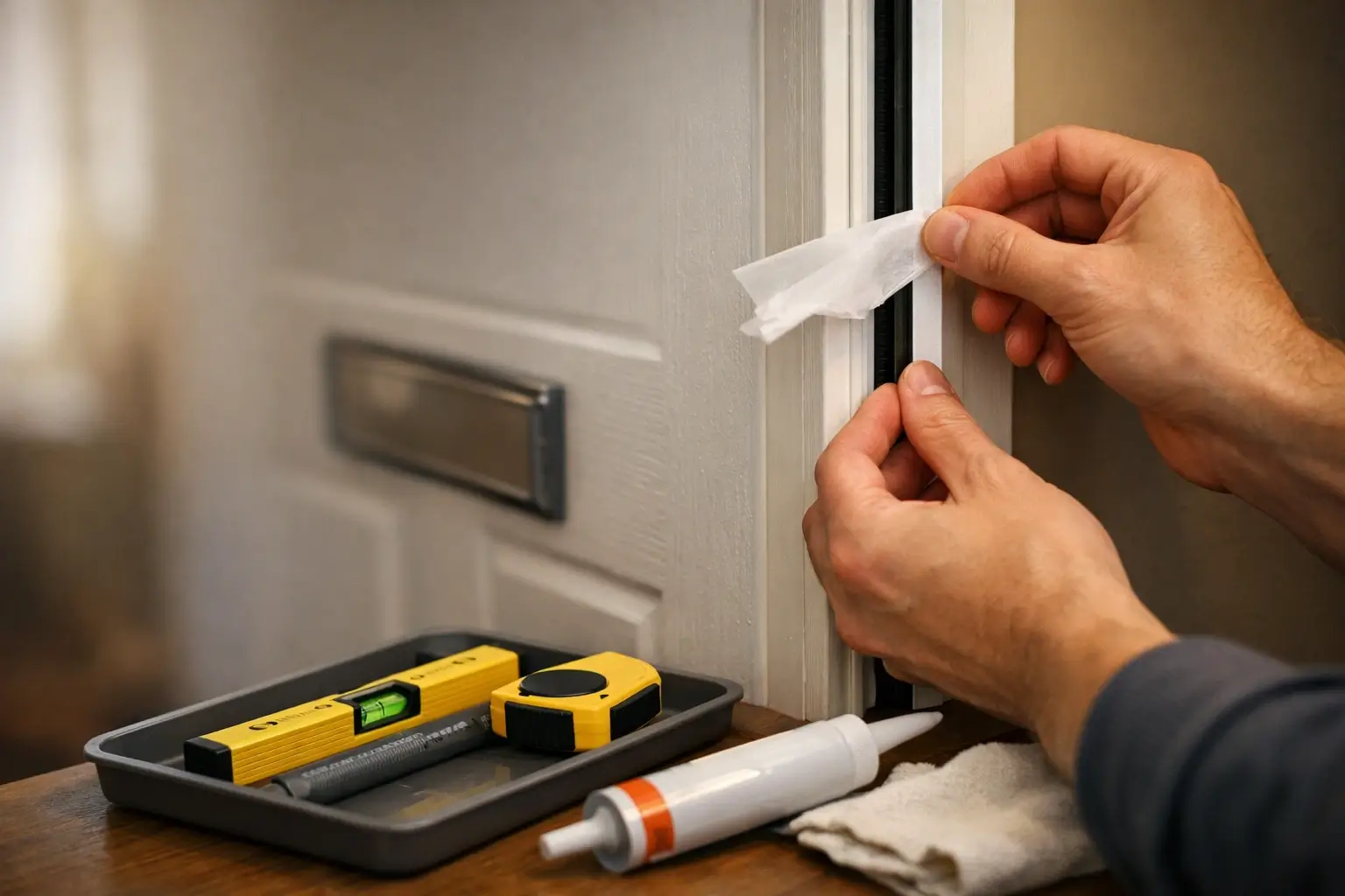 Hands using a tissue to find draughts around a front door frame