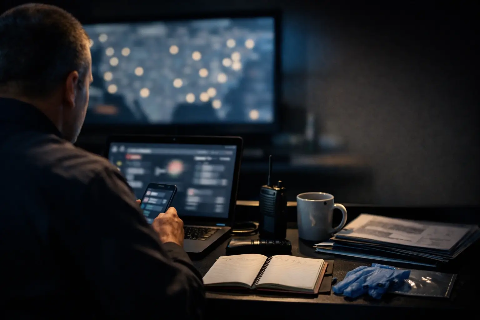 Fleet team watches vehicle alerts on a laptop at night.