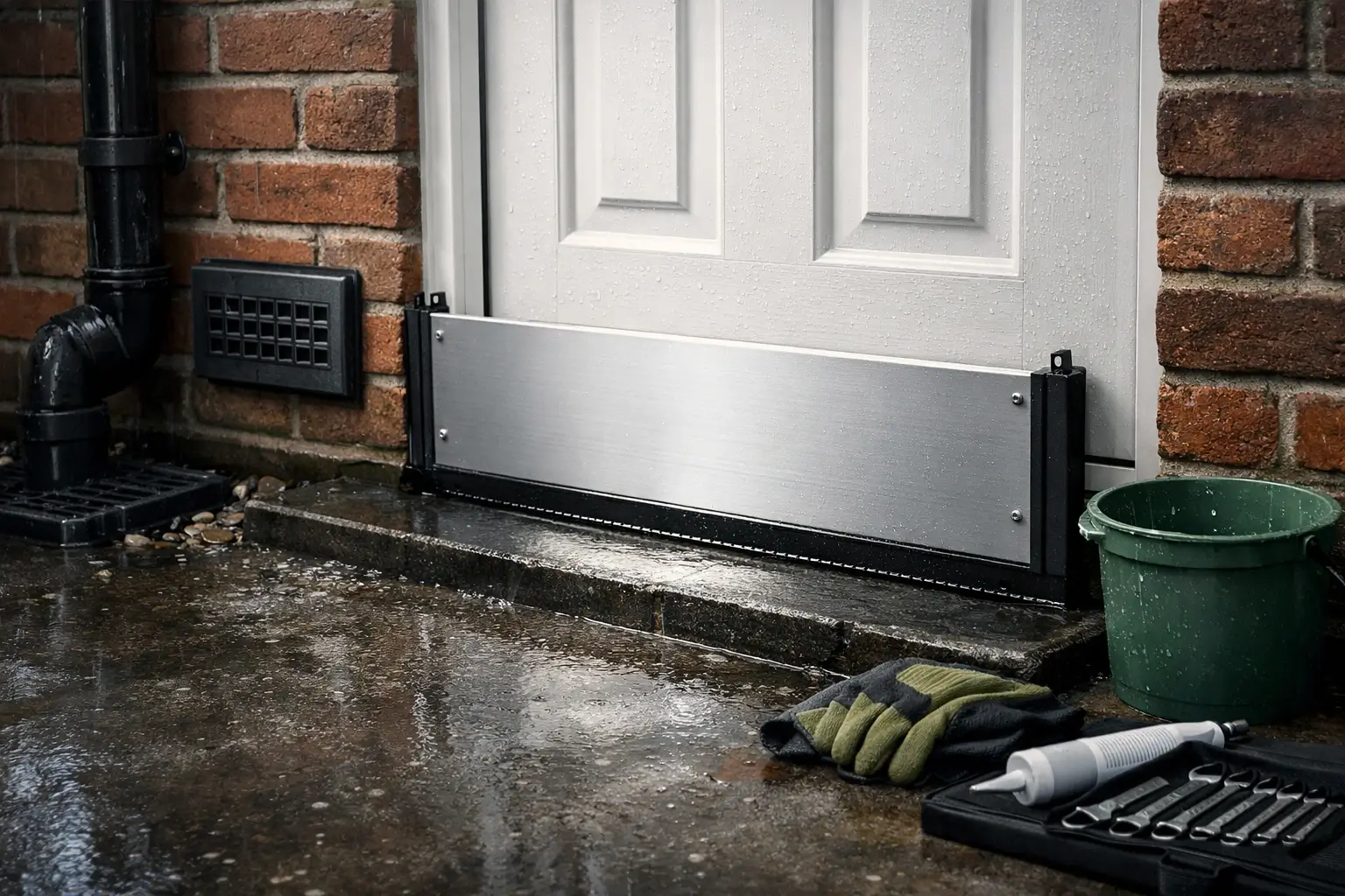 Flood barrier fitted at a front door to help keep rainwater out