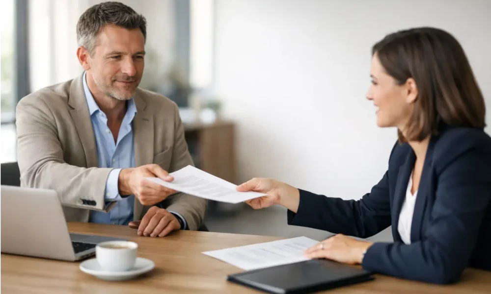 A business owner and employment consultant review wage subsidy documents together in a modern office
