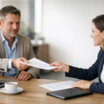 A business owner and employment consultant review wage subsidy documents together in a modern office