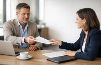 A business owner and employment consultant review wage subsidy documents together in a modern office