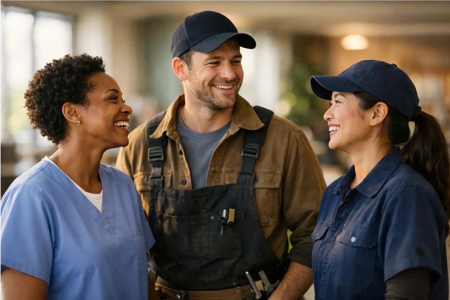 A support worker and colleagues smile on their first day at a new job in Gosford