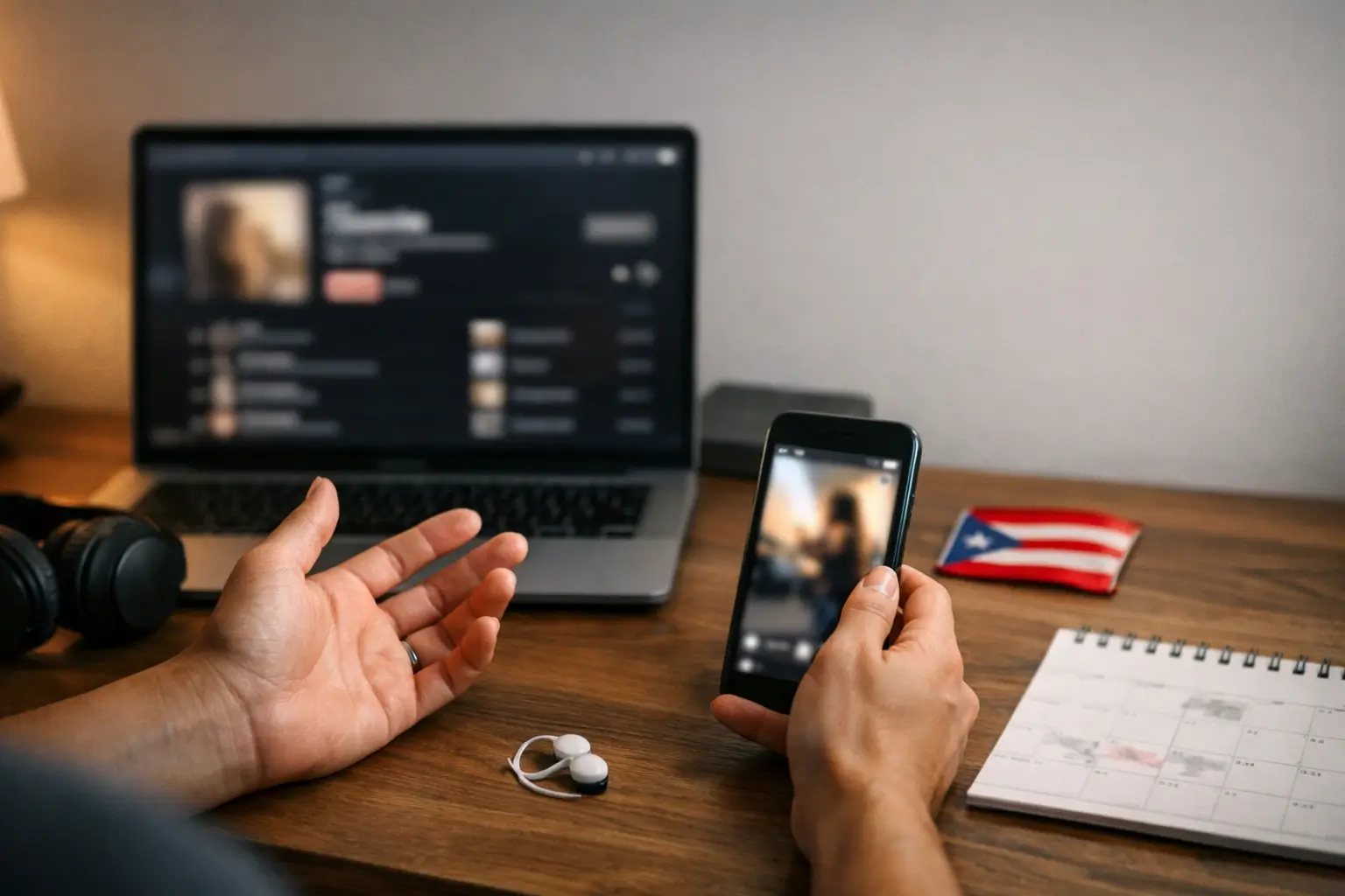 Laptop and phone showing blurred music and video screens during a halftime debate.