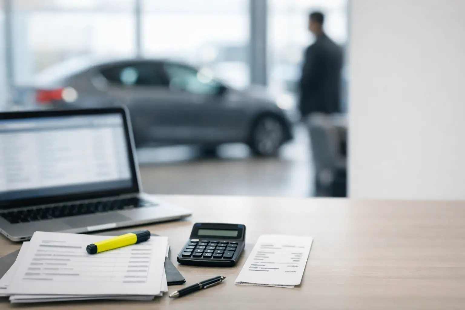 Desk with a blurred car quote and calculator showing hidden fees