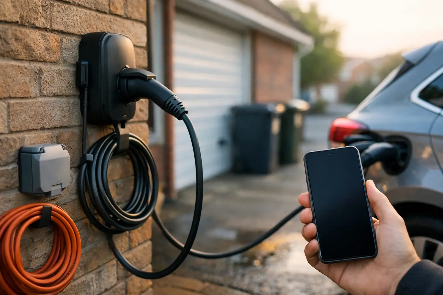 Electric car charging at home on a UK driveway