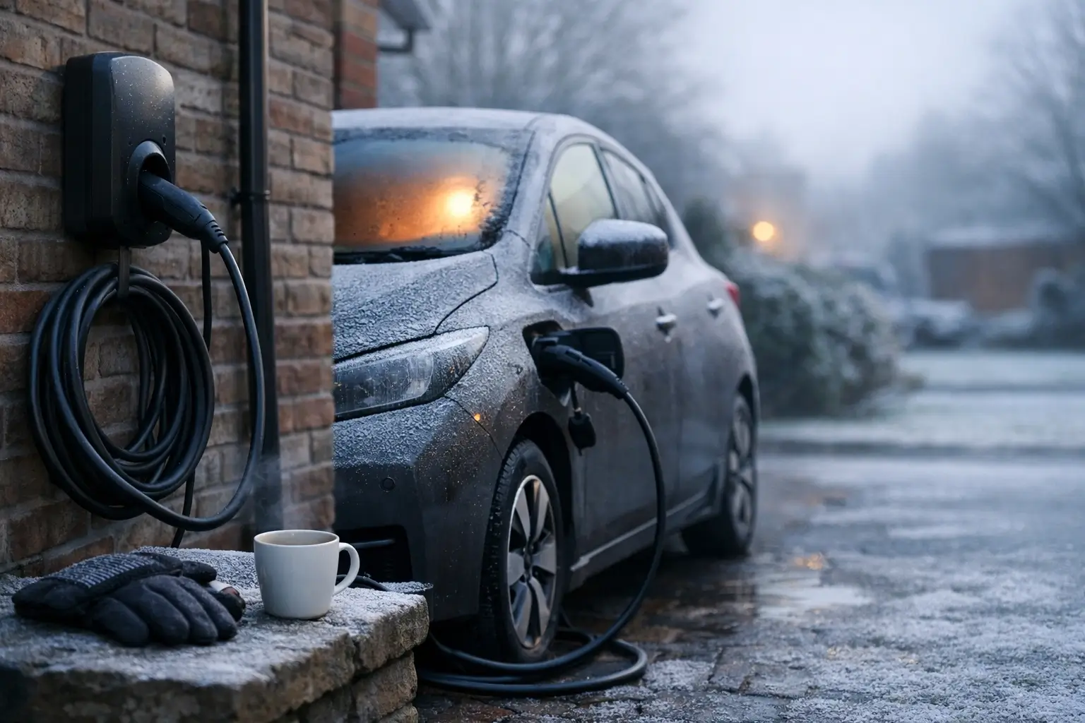 Electric car charging at home on a cold winter morning