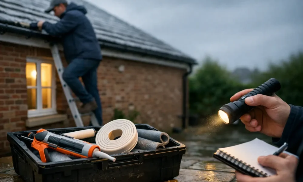 Homeowner clearing a gutter and checking weatherproofing tools outside a UK home
