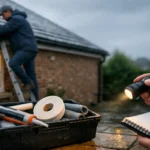Homeowner clearing a gutter and checking weatherproofing tools outside a UK home