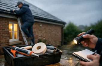 Homeowner clearing a gutter and checking weatherproofing tools outside a UK home