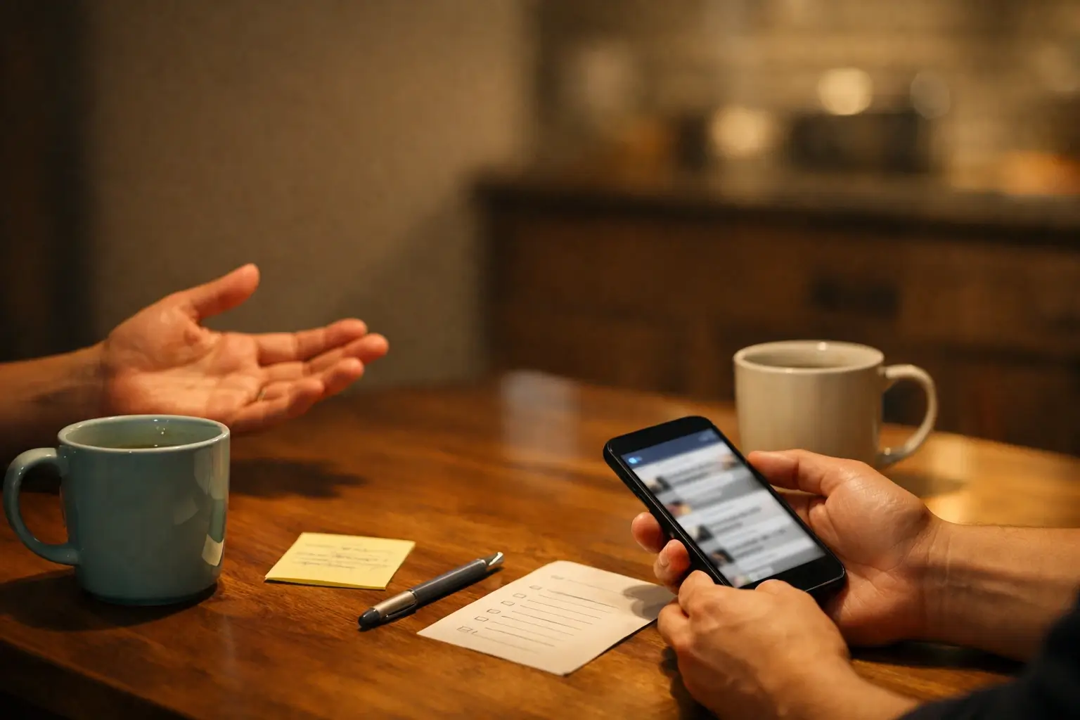 Two people talking calmly at a table while a phone shows blurred comments.