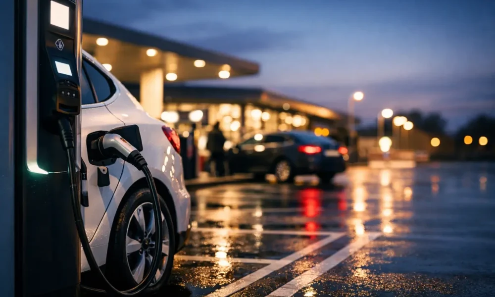 Electric car charging while another car fuels with petrol