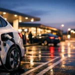 Electric car charging while another car fuels with petrol