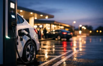 Electric car charging while another car fuels with petrol