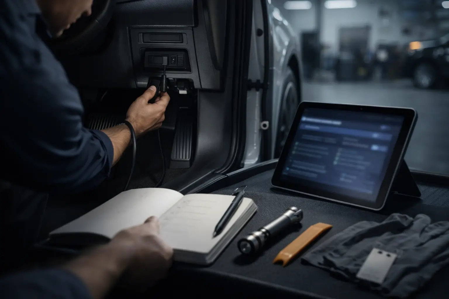 Mechanic using a diagnostics tool for car maintenance checks