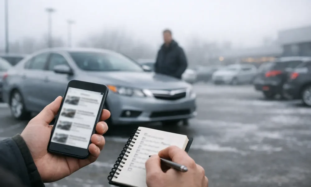 Buyer checks used car listings at a quiet dealership in January