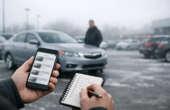 Buyer checks used car listings at a quiet dealership in January