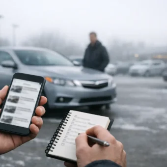 Buyer checks used car listings at a quiet dealership in January