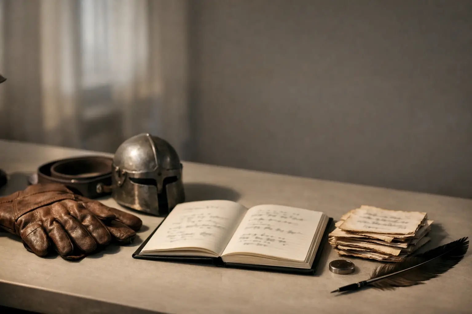 Table with gloves, notes, and a book to show tourney prep and rules