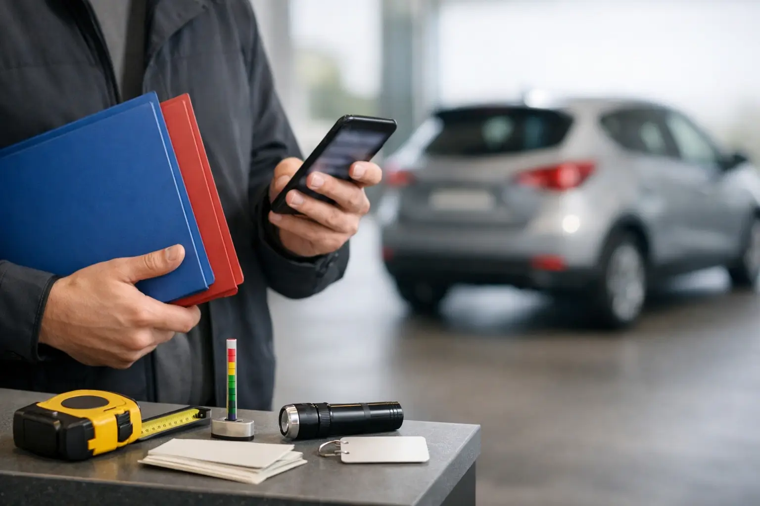 Person comparing a lease quote and a subscription plan at a car pickup area.