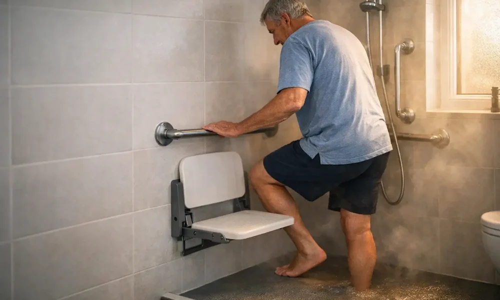 Safe walk-in shower with low step, grab rails, and non-slip floor