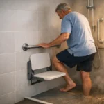 Safe walk-in shower with low step, grab rails, and non-slip floor