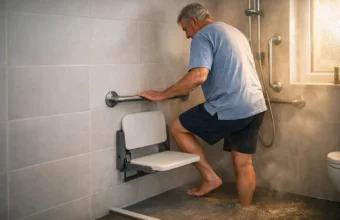 Safe walk-in shower with low step, grab rails, and non-slip floor