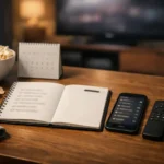 A desk with a simple MCU catch-up checklist and a calendar.