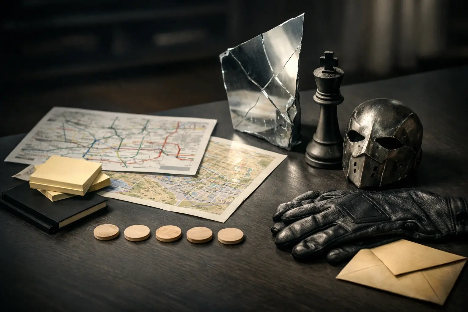 A desk scene with a mirror shard and chess king symbolizing control.