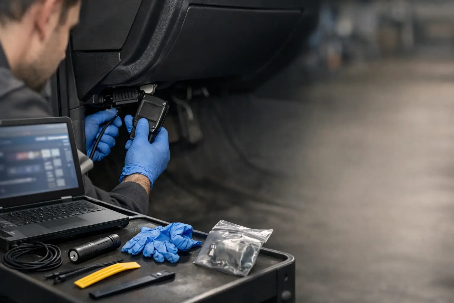 Technician plugs a tool into the OBD port under the dash.