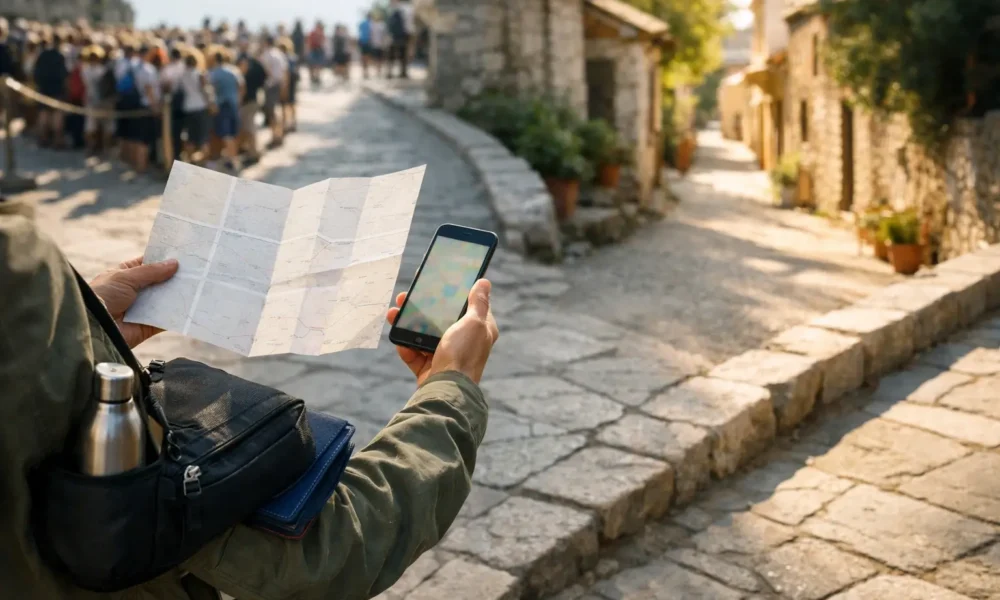 Traveler chooses a quiet path while a crowded queue is behind.