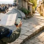 Traveler chooses a quiet path while a crowded queue is behind.