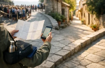 Traveler chooses a quiet path while a crowded queue is behind.