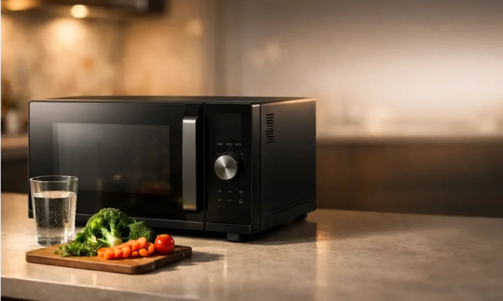 Panasonic NEBS6AK steam oven microwave sitting on a clean kitchen counter