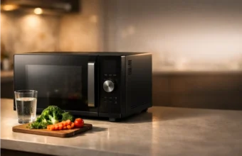 Panasonic NEBS6AK steam oven microwave sitting on a clean kitchen counter